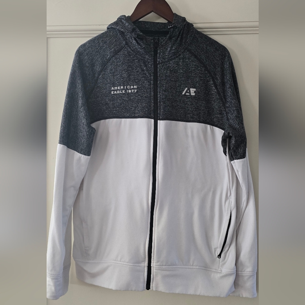 American Eagle Outfitters Men's Charcoal and White Hoodie Jacket